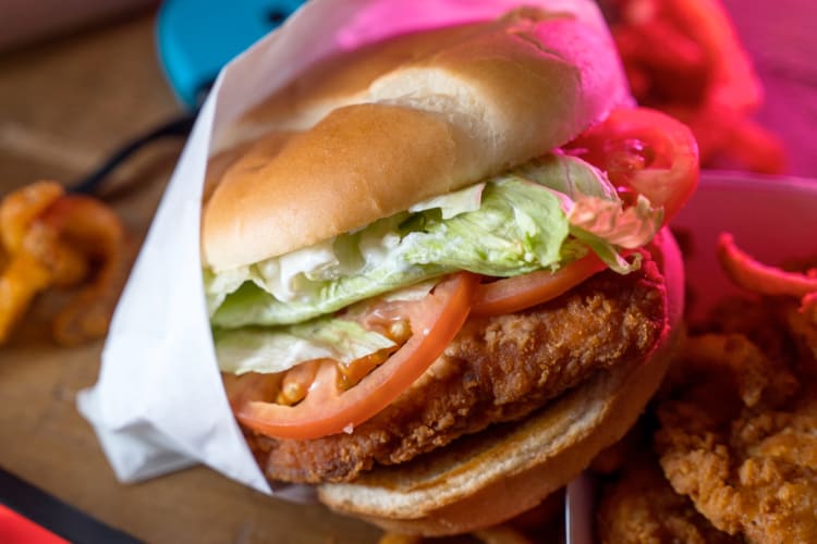 A chicken burger with salad