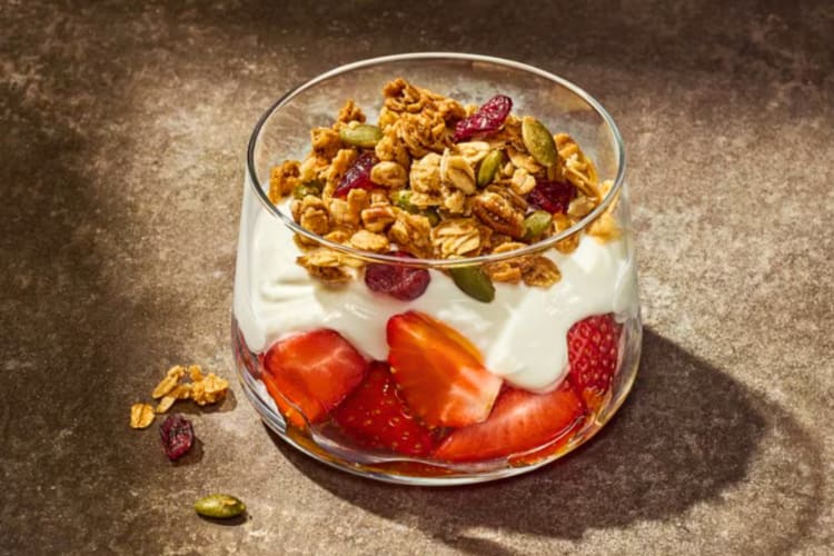 A parfait with Greek yogurt, strawberries and granola
