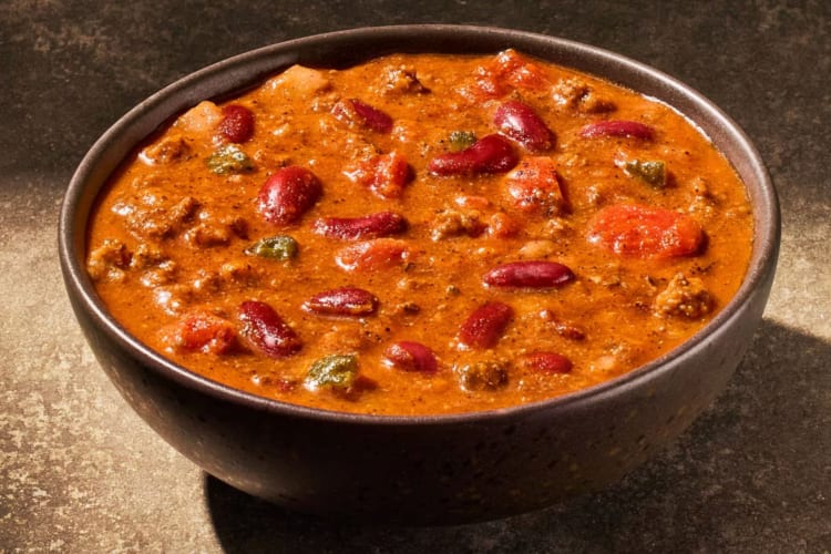 A bowl of beef chili with red beans