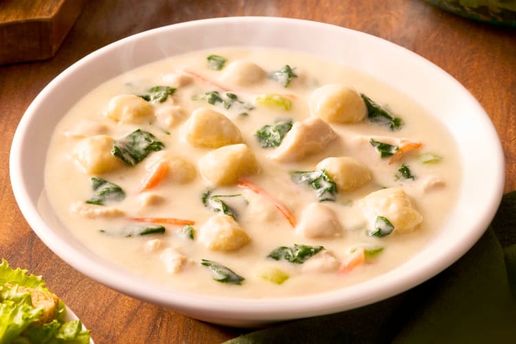 A bowl of chicken gnocchi soup