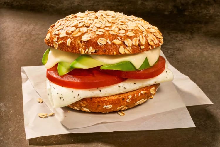 A bagel breakfast sandwich is one of the healthies items at Panera to start the day