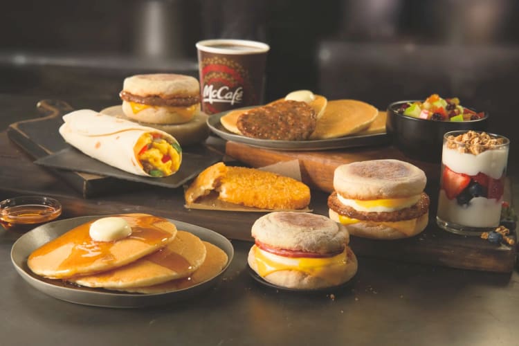 A selection of sweet and savory breakfast dishes from McDonald's