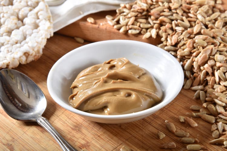 A bowl of sunflower seed butter next to rice cakes and sunflower seeds