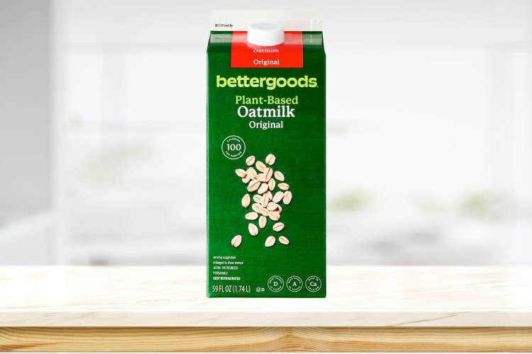 A carton of bettergoods oat milk on a kitchen counter
