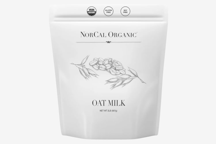 A white bag of oat milk powder