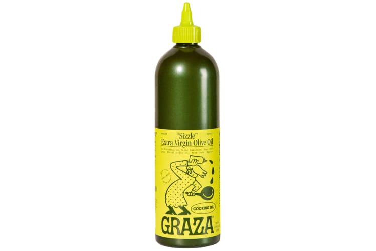 A bottle of Graze Sizzle olive oil with a green top