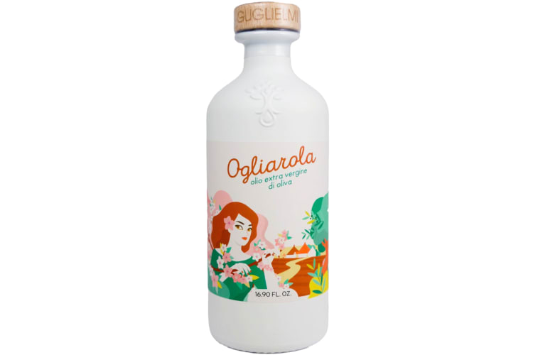 A white bottle of olive oil with a colorful design of a woman and flowers