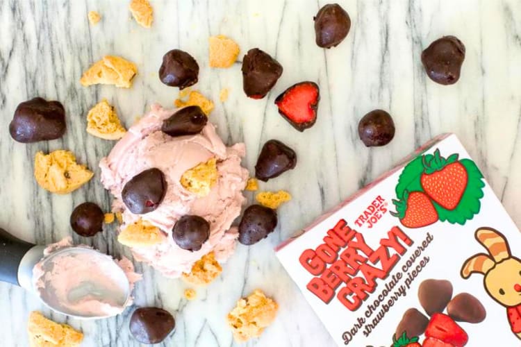 Strawberry ice cream, cookie bits and chocolate covered strawberries
