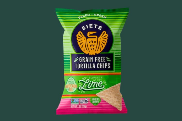 A green and pink bag of grain-free tortilla chips