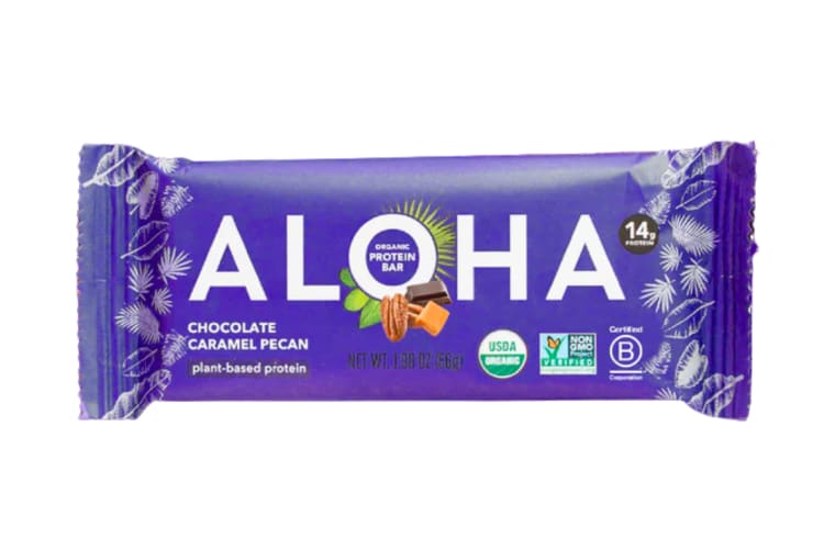 An ALOHA Chocolate Caramel Pecan breakfast bar