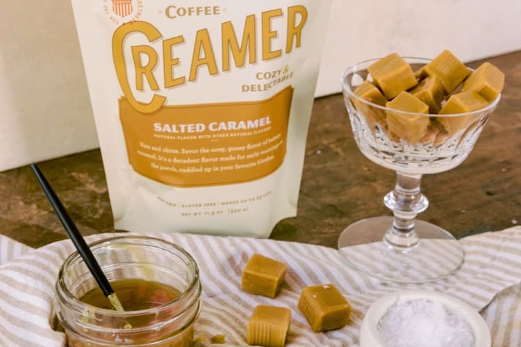 A bag of coffee creamer next to caramels