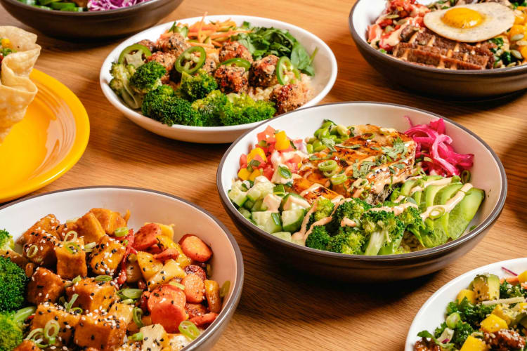 A selection of salad bowls from Veggie Grill