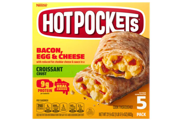 A box of Bacon, Egg and Cheese breakfast Hot Pockets
