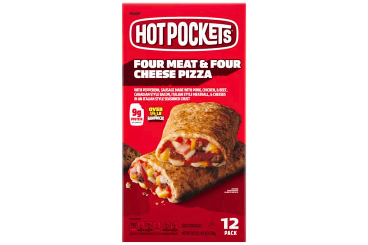 A box of Four Meat - Four Cheese Hot Pockets