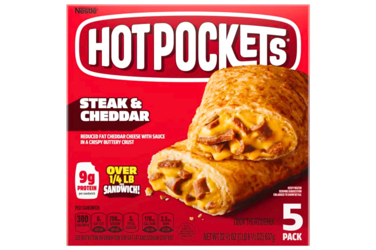 A box of Steak and Cheddar Hot Pockets