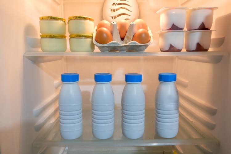 Dairy products and eggs on two levels in a fridge