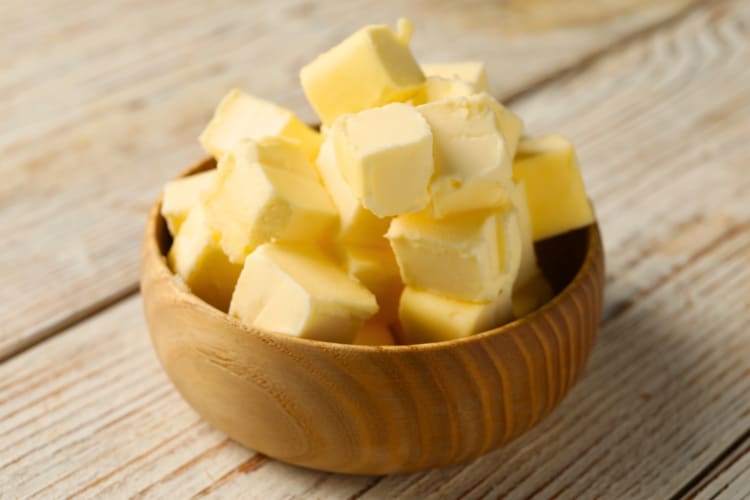 Cubes of butter in a wooden dish