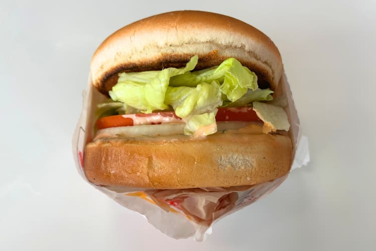 A burger bun with lettuce, tomatoes, onion and sauce