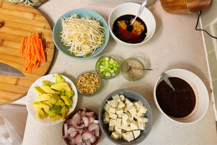 Thai vegan ingredients prepared for online cooking class