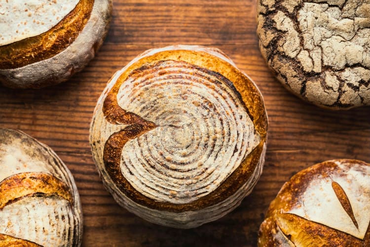 Baked sourdough loaves.