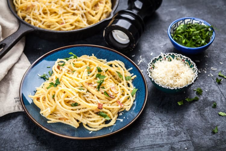 Spaghetti carbonara with Parmesan, egg and pancetta.