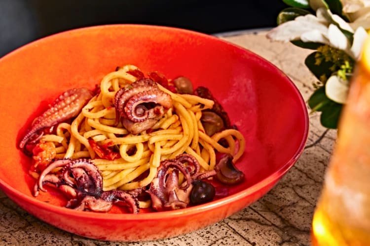 An orange bowl of fresh pasta, baby octopus and savoury tomato stew.