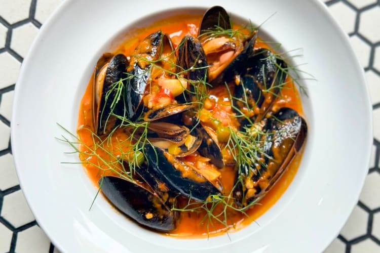 A bowl with mussels in a tomato sauce