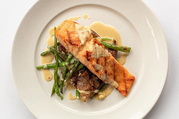 The delicious grilled salmon filet at Lidia's.