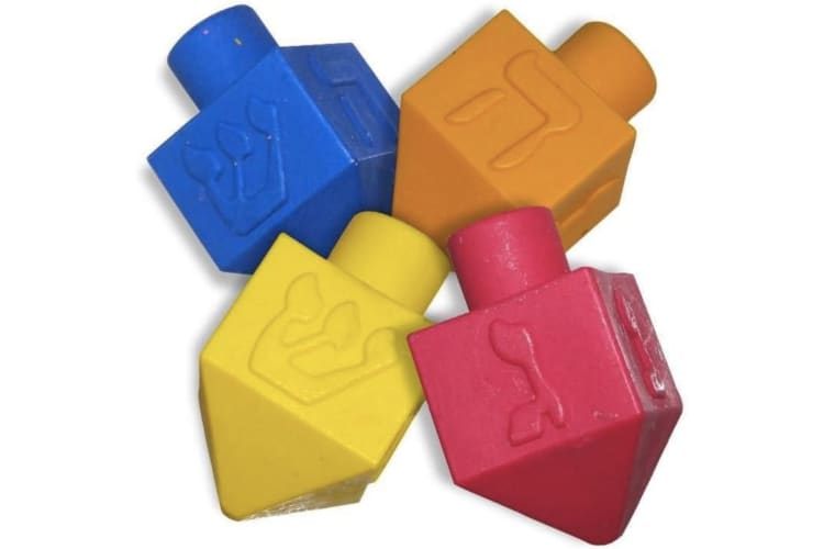 Red, yellow, orange and blue dreidel shaped crayons