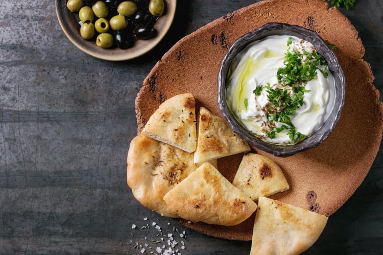 Labneh Cheese Dip with pitta and olives