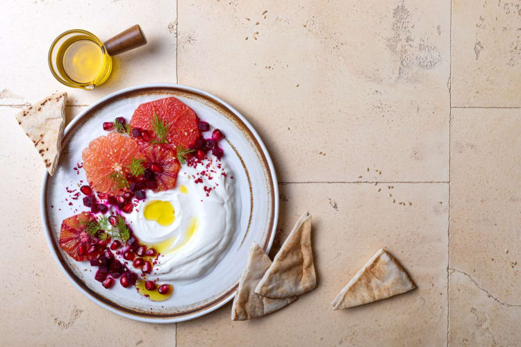 Labneh with grapefruit, beetroot, pomegranate, fennel, sumac