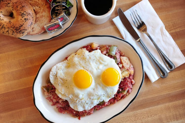 egg breakfast dish with coffee