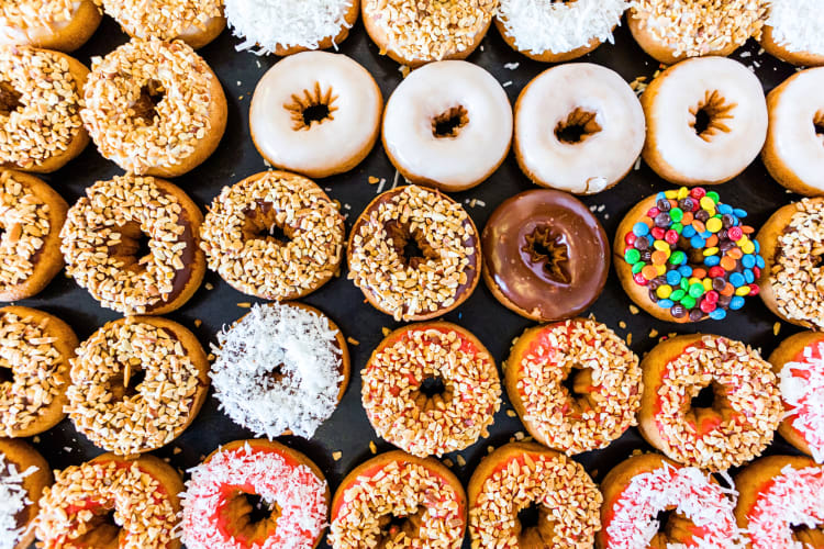 Aerial view of a variety of doughnuts