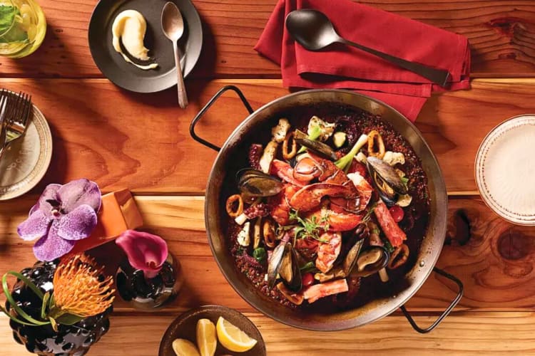 Aerial view of paella from Julian Serrano Tapas