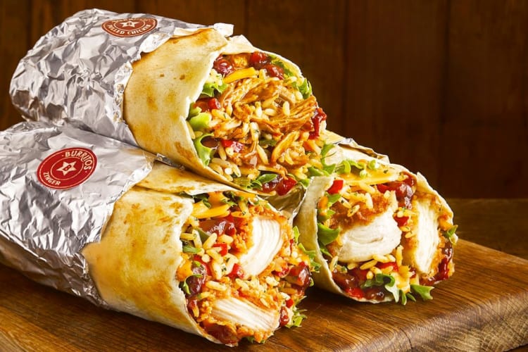 Burritos with breaded chicken, rice and vegetables