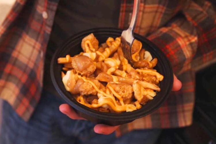 A person holding a bowl of poutine with fries, gravy and fried cheese curds