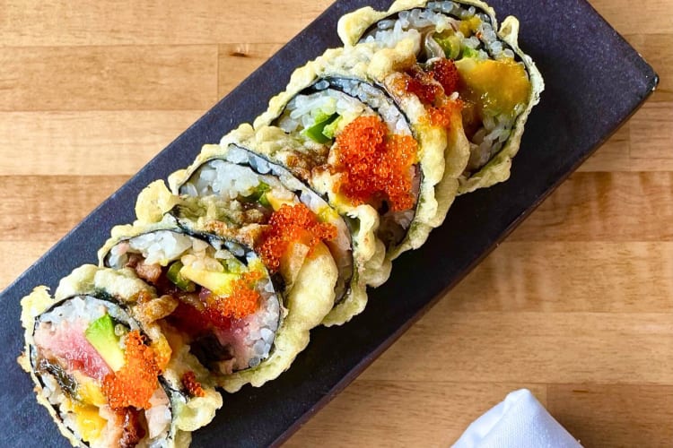 Aerial shot of five portions of Texas roll from Kanau Sushi