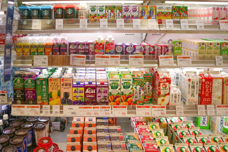 Drinks on refrigerated shelves in a shop