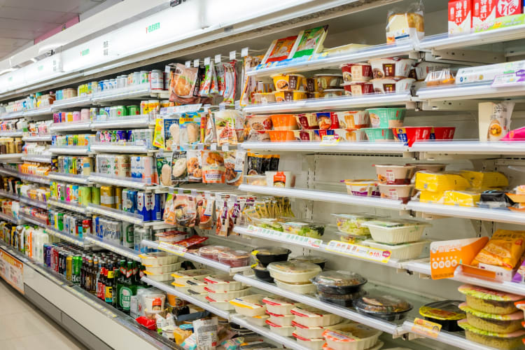 Food and drink on a refrigerated store shelf