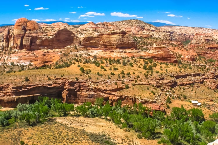 A view over a desert with red rock mountains