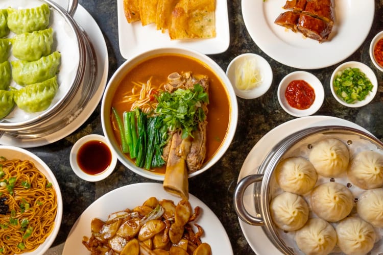 Meat and noodle dishes and dumplings on a table