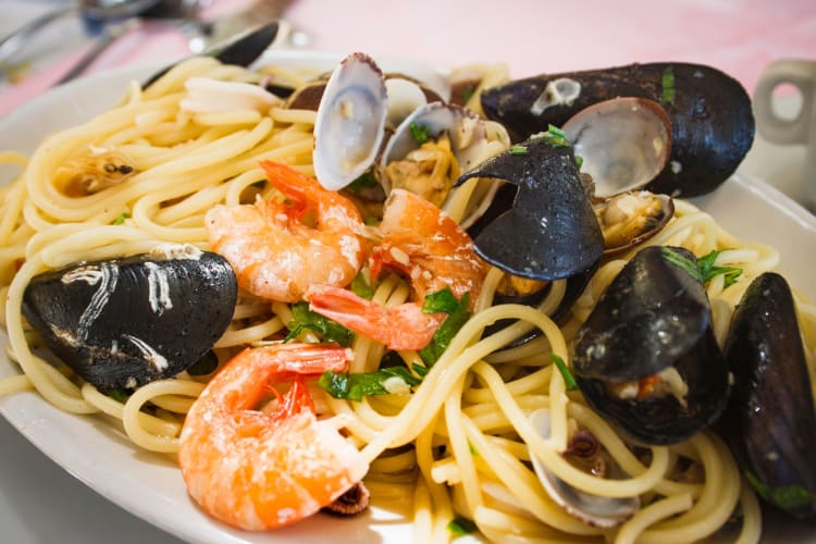 A bowl of seafood linguine.