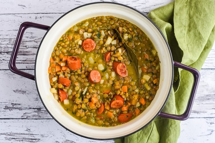 Aerial view of a sausage lenti soup in a pot, a German Christmas food