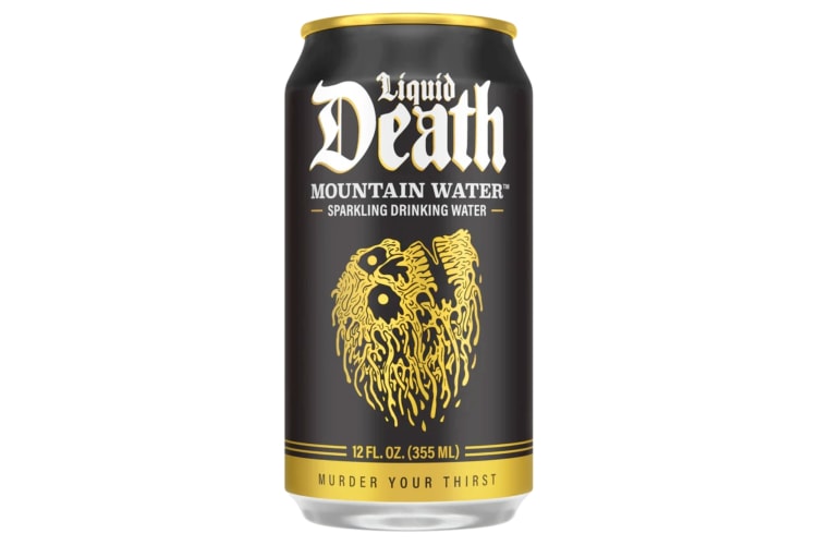 A black can of Liquid Death Sparkling Mountain Water
