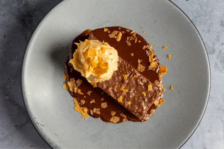 A chocolate dessert on a plate