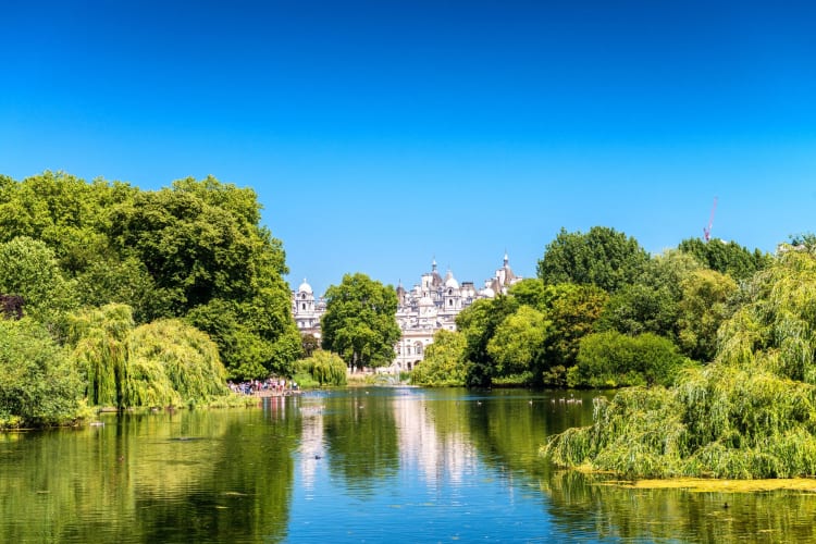 Overlooking a beautiful lake in St James's Park on a sunny day.