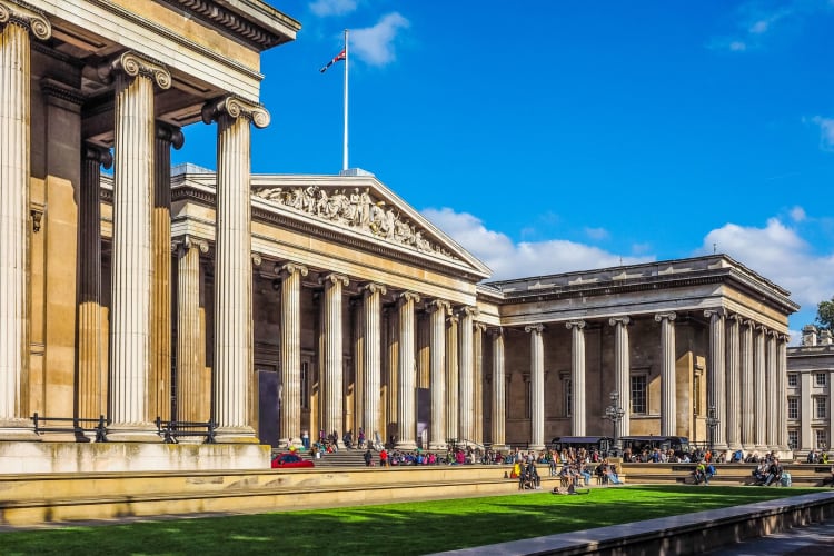 The iconic frontage of The British Museum in London.