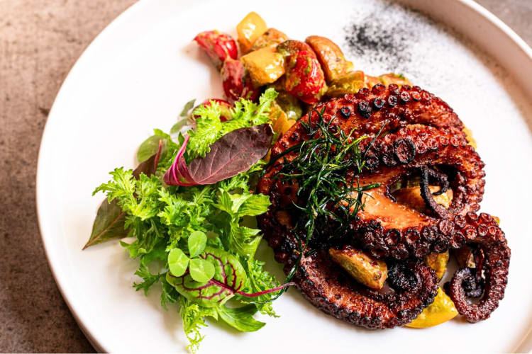 Octopus meal with a side of vegetables and greens from Los Danzantes