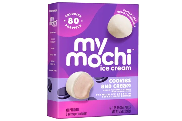 A purple box of My Mochi cookies and cream ice cream