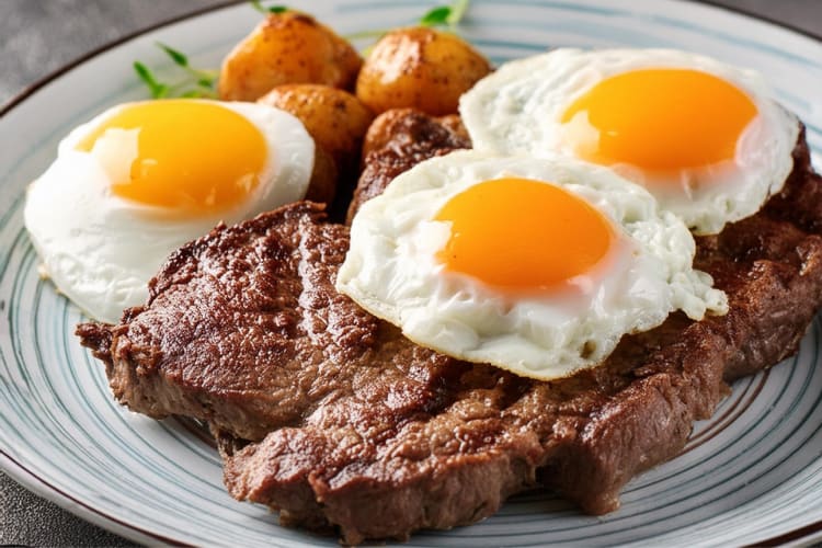 A plate of steak and eggs